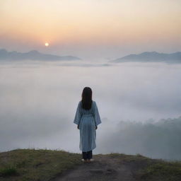 A realistic landscape at sunrise, presenting an Asian girl wearing a cover up, standing alone at a far distance, facing back, amidst a foggy environment.