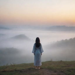 A realistic landscape at sunrise, presenting an Asian girl wearing a cover up, standing alone at a far distance, facing back, amidst a foggy environment.