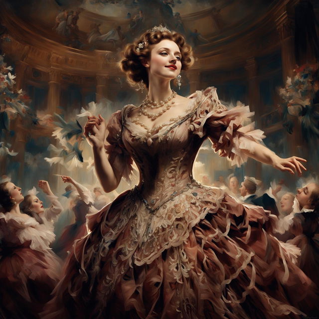 A Baroque style painting of a woman in a ballgown twirling in a grand ballroom, her gown billowing around her. The scene is filled with Baroque elements such as ornate chandeliers, gilded moldings, and a sense of movement and drama.