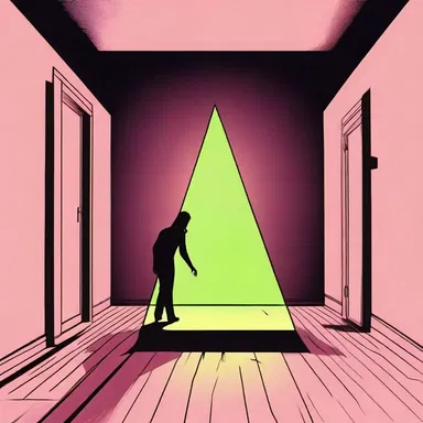 In the horror movie, a character walks into a dark room only to find a mysterious triangular prism emitting an eerie glow.