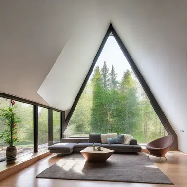The modern interior design of the house included a unique feature of a glass triangular prism in the center, creating a captivating focal point.