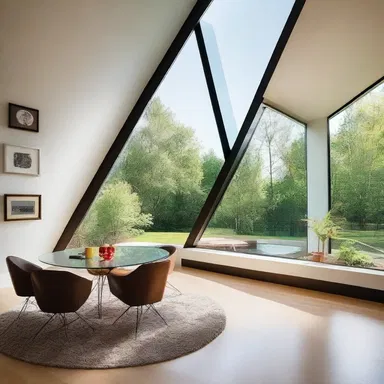 The modern interior design of the house included a unique feature of a glass triangular prism in the center, creating a captivating focal point.