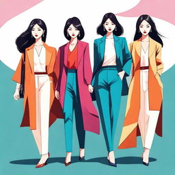 A high-quality digital art piece featuring a group of fashionable Asian women