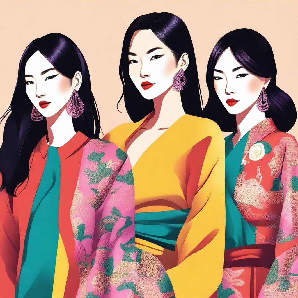 A high-quality digital art piece featuring a group of fashionable Asian women