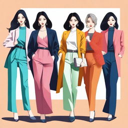 A high-quality digital art piece featuring a group of fashionable Asian women