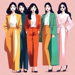 A high-quality digital art piece featuring a group of fashionable Asian women