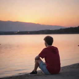 A teenager at the end of a day, enjoying their last hours of youth under a vibrant sunset, possibly spending time with friends or having a quiet moment of reflection