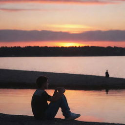 A teenager at the end of a day, enjoying their last hours of youth under a vibrant sunset, possibly spending time with friends or having a quiet moment of reflection