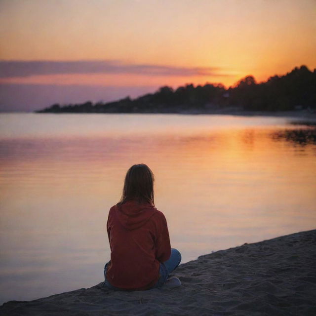 A teenager at the end of a day, enjoying their last hours of youth under a vibrant sunset, possibly spending time with friends or having a quiet moment of reflection