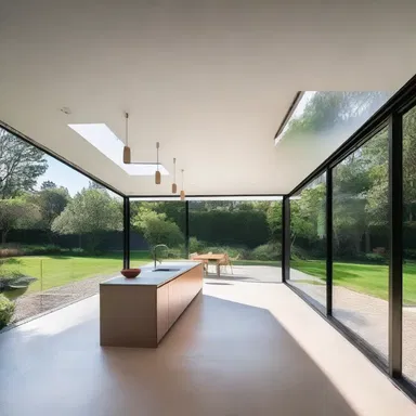 The modern house was designed with large glass windows, allowing natural light to flood in and creating a feeling of gape when you step inside.