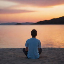 A teenager at the end of a day, enjoying their last hours of youth under a vibrant sunset, possibly spending time with friends or having a quiet moment of reflection