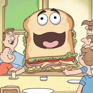 When the character saw the enormous sandwich in front of him, his eyes widened in gape, making his friends burst into laughter.