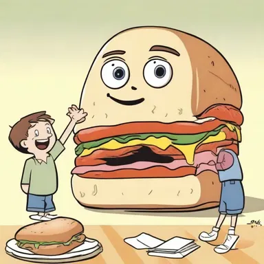 When the character saw the enormous sandwich in front of him, his eyes widened in gape, making his friends burst into laughter.