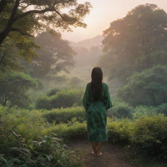 A realistic landscape at sunrise, with an Asian girl wearing a cover up, standing alone in the lush greenery at a distance, her back towards us.