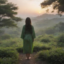 A realistic landscape at sunrise, with an Asian girl wearing a cover up, standing alone in the lush greenery at a distance, her back towards us.