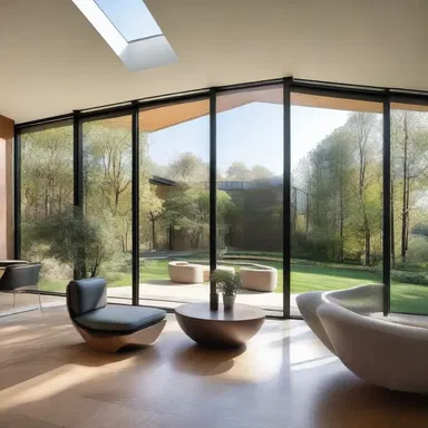 The modern house design features large floor-to-ceiling windows that create a sense of gape, connecting the interior with the surrounding landscape.