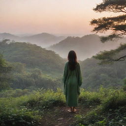 A realistic landscape at sunrise, with an Asian girl wearing a cover up, standing alone in the lush greenery at a distance, her back towards us.