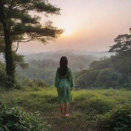 A realistic landscape at sunrise, with an Asian girl wearing a cover up, standing alone in the lush greenery at a distance, her back towards us.