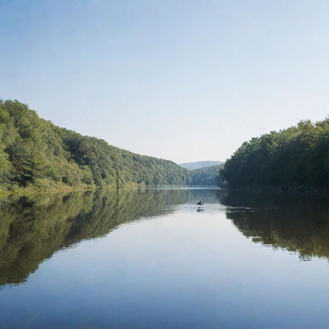 A man peacefully sitting in a calm river under a clear sky