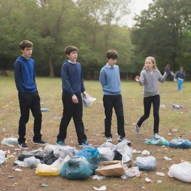 A group of middle school students carelessly throwing rubbish in their school grounds, creating a scene of disorder and irresponsibility.