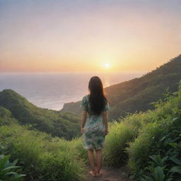 A realistic sunrise landscape, depicting an Asian girl embracing nature, standing alone amidst a sea of greenery at a distance, with her back turned towards us.