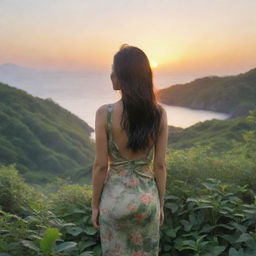 A realistic sunrise landscape, depicting an Asian girl embracing nature, standing alone amidst a sea of greenery at a distance, with her back turned towards us.