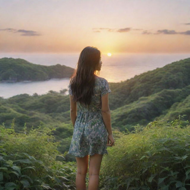 A realistic sunrise landscape, depicting an Asian girl embracing nature, standing alone amidst a sea of greenery at a distance, with her back turned towards us.