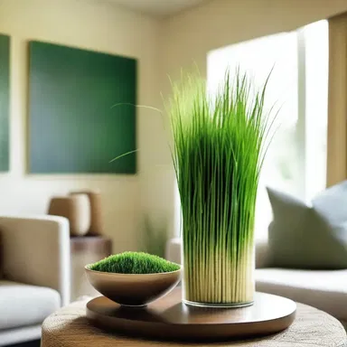 The living room was beautifully decorated with a large vase of intermediate wheatgrass, bringing a natural element to the space.