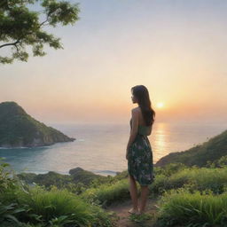 A realistic sunrise landscape, depicting an Asian girl embracing nature, standing alone amidst a sea of greenery at a distance, with her back turned towards us.