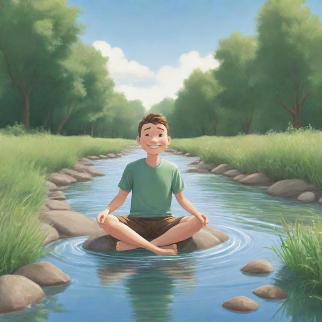 A cartoon version of a man happily sitting in a gently flowing river, surrounded by greenery under a bright sunny sky.