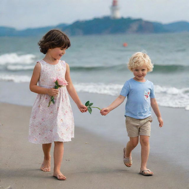 A cheerful 5-year-old short-haired brunette girl with bangs holding a rose, walking hand in hand with a happy curly-haired 5-year-old blonde boy from the Black Sea region. They are strolling together on the Kadikoy seashore.