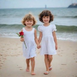 A cheerful 5-year-old short-haired brunette girl with bangs holding a rose, walking hand in hand with a happy curly-haired 5-year-old blonde boy from the Black Sea region. They are strolling together on the Kadikoy seashore.