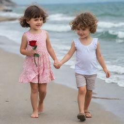 A cheerful 5-year-old short-haired brunette girl with bangs holding a rose, walking hand in hand with a happy curly-haired 5-year-old blonde boy from the Black Sea region. They are strolling together on the Kadikoy seashore.