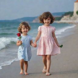 A cheerful 5-year-old short-haired brunette girl with bangs holding a rose, walking hand in hand with a happy curly-haired 5-year-old blonde boy from the Black Sea region. They are strolling together on the Kadikoy seashore.