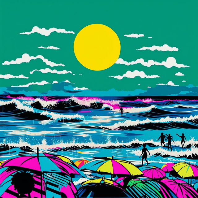 Pop art style vibrant beach scene with colorful umbrellas, beachgoers, children building sandcastle, surfers riding waves and oversized sunglasses reflecting the scene.