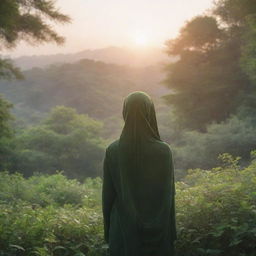 A realistic sunrise landscape featuring an Asian girl in a hijab, embracing nature, standing alone amidst a lush greenery at a distance, with her back towards the viewer.