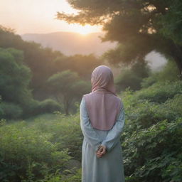 A realistic sunrise landscape featuring an Asian girl in a hijab, embracing nature, standing alone amidst a lush greenery at a distance, with her back towards the viewer.