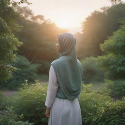 A realistic sunrise landscape featuring an Asian girl in a hijab, embracing nature, standing alone amidst a lush greenery at a distance, with her back towards the viewer.