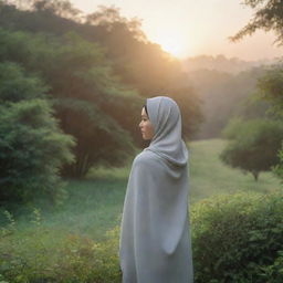 A realistic sunrise landscape featuring an Asian girl in a hijab, embracing nature, standing alone amidst a lush greenery at a distance, with her back towards the viewer.