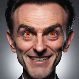 A cartoon depiction of a man's face, characterized by malevolent features like sharp eyebrows, sinister smile, and intense, glowing eyes.