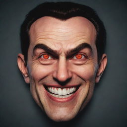 A cartoon depiction of a man's face, characterized by malevolent features like sharp eyebrows, sinister smile, and intense, glowing eyes.