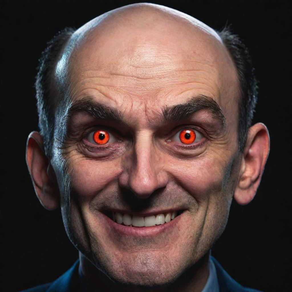 A cartoon depiction of a man's face, characterized by malevolent features like sharp eyebrows, sinister smile, and intense, glowing eyes.