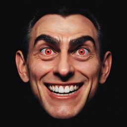 A cartoon depiction of a man's face, characterized by malevolent features like sharp eyebrows, sinister smile, and intense, glowing eyes.