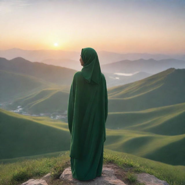 A realistic sunrise landscape depicting an Asian girl in a hijab, embracing nature, standing alone at the top of a green mountain, her back to us.