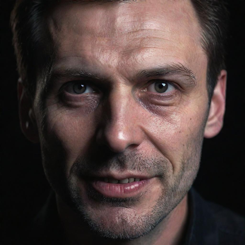 A detailed portrait of a man's face portraying an evil expression with sharp, penetrating eyes, a malevolent smile and a dark and eerie aura surrounding him.