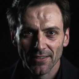 A detailed portrait of a man's face portraying an evil expression with sharp, penetrating eyes, a malevolent smile and a dark and eerie aura surrounding him.