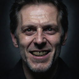 A detailed portrait of a man's face portraying an evil expression with sharp, penetrating eyes, a malevolent smile and a dark and eerie aura surrounding him.