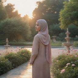 A realistic sunrise landscape featuring an Asian girl in a hijab, embracing nature, standing alone in a greenery filled with flowers and birds, with a fountain in the scene, her back facing us.