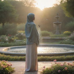 A realistic sunrise landscape featuring an Asian girl in a hijab, embracing nature, standing alone in a greenery filled with flowers and birds, with a fountain in the scene, her back facing us.