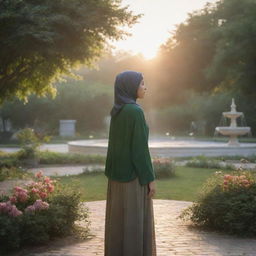 A realistic sunrise landscape featuring an Asian girl in a hijab, embracing nature, standing alone in a greenery filled with flowers and birds, with a fountain in the scene, her back facing us.